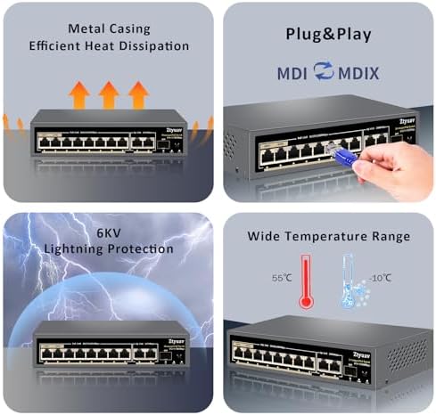11-Port Full Gigabit Unmanaged PoE Switch with 8 PoE+ Ports @120W, 2 Uplink and 1 SFP Slot-IEEE802.3af/at, QoS, PD Auto-Detection, 6KV Protection, VLAN Mode, Metal Fanless Plug and Play - Image 5