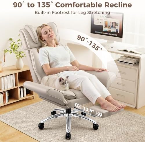 Big and Tall Office Chair, Flip Armrests for Pets & Cross Legged Sitting, Ergonomic Leather Executive Desk Chair with Foot Rest, High-Back Reclining Computer Chairs for Home Office Gaming, Beige - Image 6