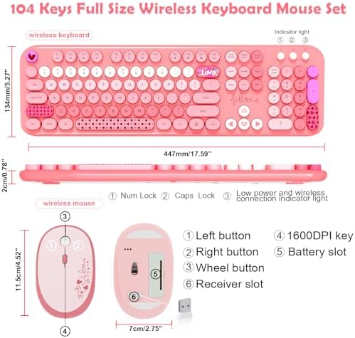 Wireless Keyboard and Mouse,MOFII 104 Round Keys Lovely Full-Size Cute Colorful Keyboard and Mouse with Retro Typewriter for PC/Mac/Laptop/Tablet/Computer/Windows Pink - Image 6