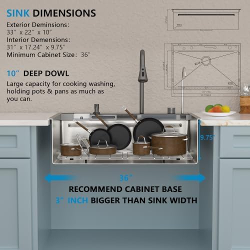 33"x22" Drop In Waterfall Kitchen Sink - 16 Gauge 304 Stainless Steel Ledge Workstation Top Mount Single Bowl Smart Waterfall Sink Basin with Faucet Combo & Glass Rinser - Image 5