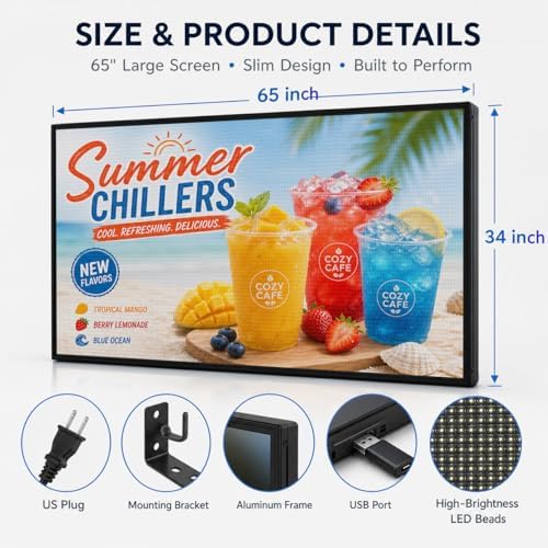 P5 Outdoor Full-Color Programmable LED Sign 65” × 34” High-Brightness Digital Display with WiFi & USB Control, Scrolling Message Board for Business Advertising, Text/Image/Video, IP65 Waterproof - Image 3