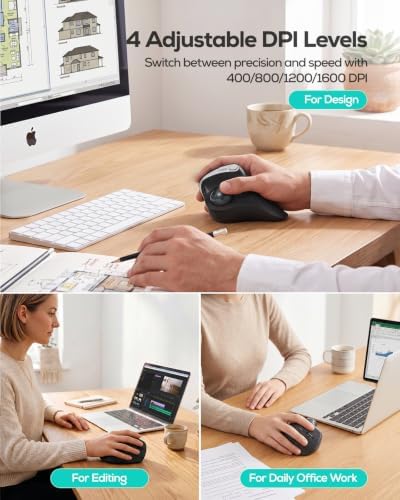 Nulea Wireless Trackball Mouse, 54° Vertical Ergonomic Thumb Control-Black - Image 4