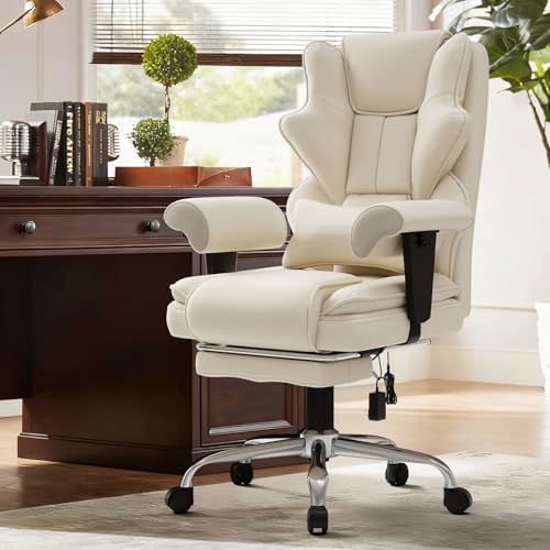 Executive 7-Point Massage Heated Office Chair with Footrest, Beige - Image 2