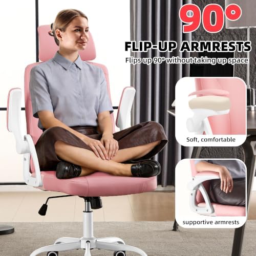 Leather Office Chair,Executive Ergonomic Desk Chair for Home Office, White-Pink - Image 4