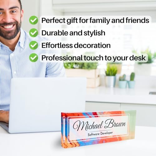 Customized Clear Acrylic Thick 8x3" Desk Name Plate Block with Personalized Logo - Professional Office Decor - Customized Acrylic Plate Gift for Teacher Co-workers (Colorful Paint) - Image 4