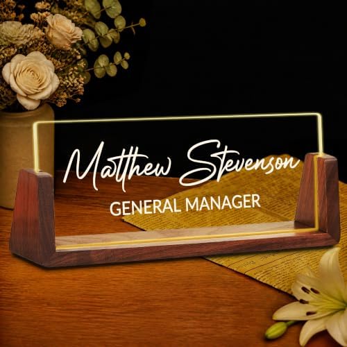 Custom Name Plate for Desk with LED Walnut Frame, Office Desk Decor by Unknown