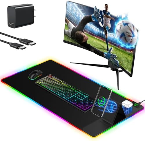 Mouse Pad with Foldable Phone Holder & Wireless Charger, XXL RGB Gaming Mousepad 31.5"x15.8" Large Desk Mat for Keyboard, Black Desk Pad with Dual Qi Charging Station | 11 Colors 5 Modes | Waterproof by miroddi