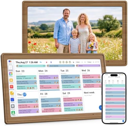 Digital Calendar, 15.6 Inch Electronic Calendar with Touchscreen Wall/Desk Mount, Smart Wall Planner with Chore Chart, Meal Planner, Photo Display & To-Do List for Family Schedules, Gift for Mom Dad (Wood Grain Color) by Unknown