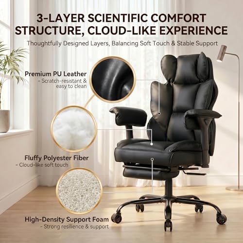 Big and Tall Gaming Office Chair 400lbs - Heavy Duty Ergonomic Computer Desk Chair with Footrest, Adjustable Armrests, High Back PU Leather with Racing Style (Black) - Image 3