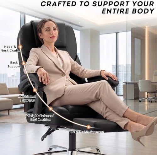 Furmax Massage Office Chair with Foot Rest Executive Big and Tall Office Chair Ergonomic Home Office Desk Chairs, Reclining High Back Leather Chair with Lumbar Support, 400LBS (Black) - Image 5