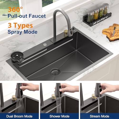 Sarlai 30 Inch Waterfall Kitchen Sink Workstation - 30x22 Black Waterfall Drop In Sink Stainless Steel 16 Gauge Sink Multifunction Single Bowl Smart Top Mount Kitchen Sinks with Faucet Combo - Image 6