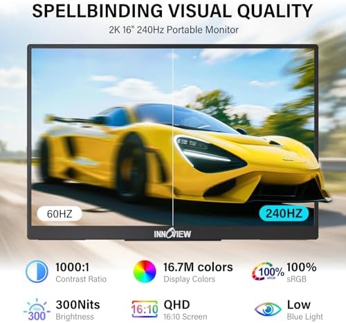 InnoView 16" 240Hz Portable Monitor 2K 2560x1600 100% sRGB Portable Gaming Monitor Laptop Monitors Built-in Speakers 180° Adjustable Type-C HDMI Laptop Screen Extender for Surface Pro PS5 Switch Xbox - Image 2