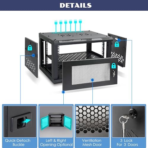 6U Wall Mount Server Cabinet with A Lockable Front Vented Door, Cooling Fans, Removable Side Panels - 45cm Depth, 19" Network Rack Including Full-Size Rack Shelf for IT Equipment - Image 4