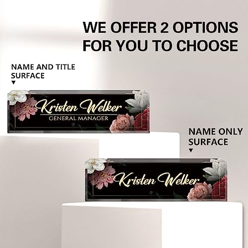 Name Plate for Desk, Desk Name Plate Personalized, Office Decor for Women Men, Acrylic Desktop Accessories, Office Appreciation Gifts for Boss Social Workers Nurse Teacher Employee (Black/Flowers) - Image 2