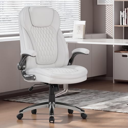 COLAMY High Back Executive Office Chairs Set of 2, Ergonomic PU Leather Desk Chairs with Flip-Up Armrests, Adjustable Height, Lumbar Support, Comfortable Computer Chairs for Home Office, White - Image 2