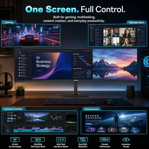 Deco Gear 49 Inch Curved Ultrawide Monitor, 5120x1440 Dual QHD 32:9 1500R VA Display, HDR400, 120Hz, Adaptive Sync, 1ms MPRT, USB-C 65W PD, KVM, PIP/PBP, Gaming & Workstation Setup, for PC & Laptop - Image 4