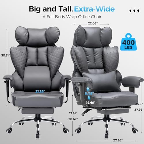 COMHOMA Big and Tall Office Chair Heavy Duty Wide Ergonomic Gaming Chair with Deluxe Embossing Designed Leather with Foot Rest, 145°Reclining Adjustable Armrests Pocket Spring Back Support and Pillow - Image 2
