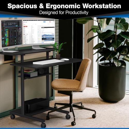 Mount-It! Mobile Desk Workstation 40 Inch Wide Large Rolling Computer Desk is Height Adjustable to 64 Inches, Sit Stand Computer Cart with Multi Level Shelves on Wheels in Black - Image 3