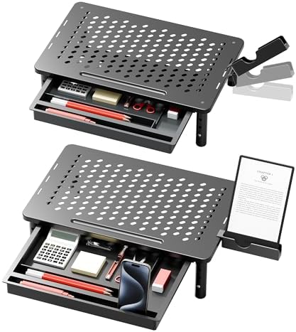 Computer Monitor Stand Riser with Storage, 3 Height Adjustable Laptop Desktop Monitor Stand with Drawer, Metal Short Printer Table, Stand Riser for Desk, Office Desk Organizers and Accessories, 2 Pack by Canyora