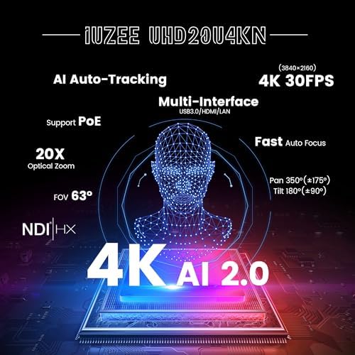4K NDI PTZ Camera AI-Auto Tracking, 20X Optical Zoom, USB3.0/HDMI/LAN PoE, IP Live Streaming, Conference Room Camera for Church Services Education Conference Events, Work with YouTube OBS - Image 2