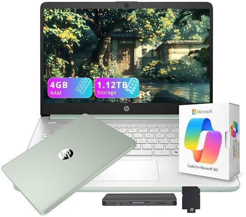 HP Stream 14" HD Student&Business Laptop with AI Copilot, Intel Processor N150, 4GB RAM, 1.12TB Storage (128GB UFS + 1TB Docking Station), 1 Year Office 365, Wi-Fi 6, Win 11, Willow Green by Unknown