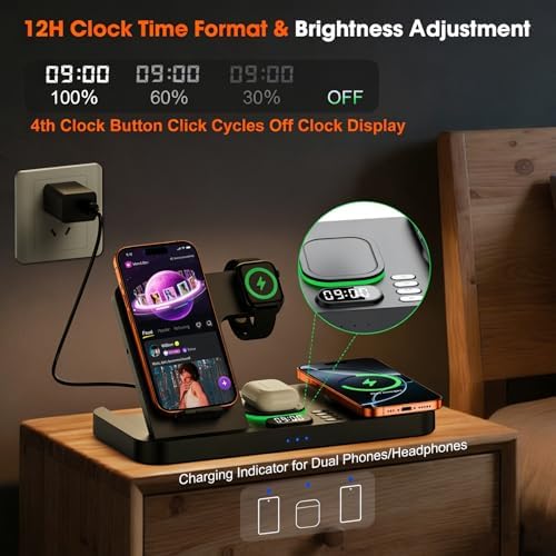 Dual Phone Magnetic Wireless Charging Station for Apple Devices, 7-Color Auto Light & 12H Clock, Multi-Device Charger foriPhone 18 Pro/18 Pro Max/17/16, for iWatch 11/10/9 & AirPods Pro3(Black - Image 4