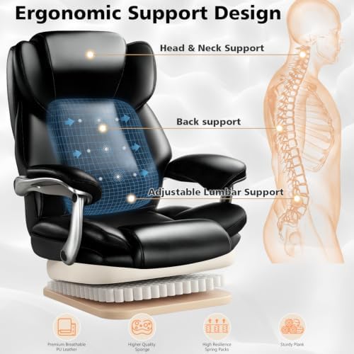 600lbs Big and Tall Office Chair for Heavy People,Heavy Duty Comfy Executive Office Desk Chair with Adjustable Lumbar Support,High Back Reclining PU Leather Computer Chair,Metal Base (Reclining Black) - Image 4