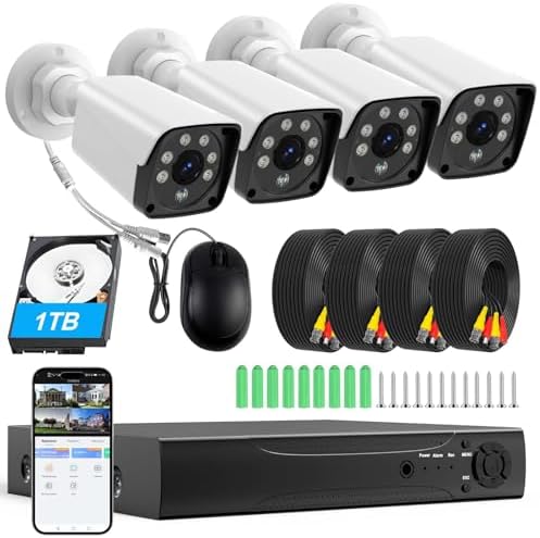 H.265+ Wired Security Camera DVR Kit System with AI Human Vehicle Detection, 4x 1920P 5MP IP67 Metallic Indoor/Outdoor Cameras IR Night Vision Remote Access, 4K NVR 1TB HDD Included for 24/7 Recording by KTKTVE