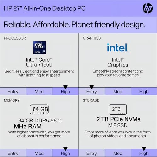 HP 27 inch All-in-One Touchscreen Desktop Computer, Intel 12-Core Ultra 7 155U, 64 GB DDR5 RAM, 2 TB SSD, Wireless KB & Mouse, Adjustable Height, HD Webcam, Windows 11 Pro - Image 2