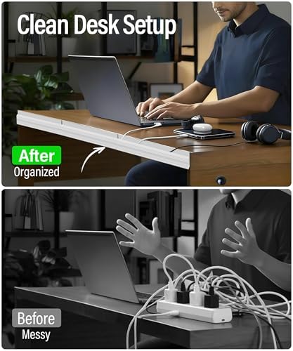6 Pack Cable Management Under Desk, Open J Channel Raceway, Cord Organizer Tray for Desk, No-Drill Cable Hider for Desk & Wall, Wire Management Kit, Flame-Retardant PVC, 94.5" Total, White - Image 2