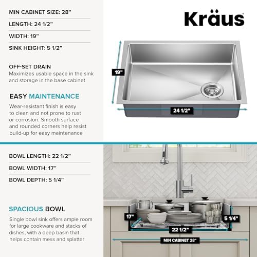 KRAUS Fairlane 25-inch ADA Compliant Undermount Single Bowl 18-Gauge Stainless Steel Kitchen Sink, KHU640-25-5.5 - Image 5