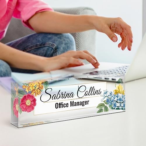 Name Plate for Desk, Desk Name Plate Personalized, Blue Office Decor for Women Men, Acrylic Desktop Accessories, Office Gifts for Boss Nurse Teacher Coworker, Employee Appreciation Gift (Flowers B) - Image 6
