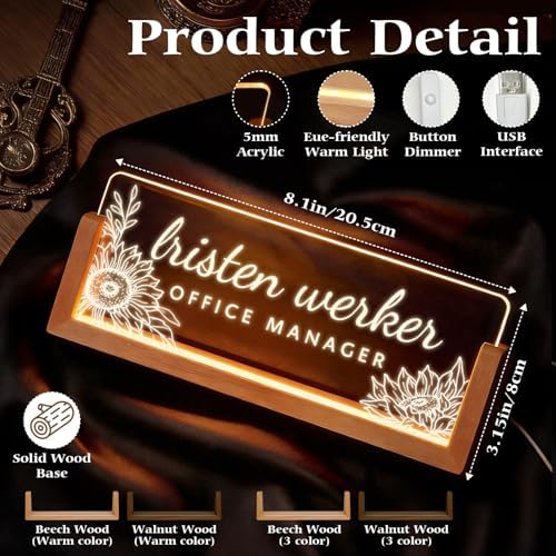 Personalized Light Up Acrylic Desk Name Plate - Custom Name Plate for Desk with Walnut Wood Base - Appreciation Office Gifts for Employees, Teacher, Social Worker (Sunflower-3) - Image 2
