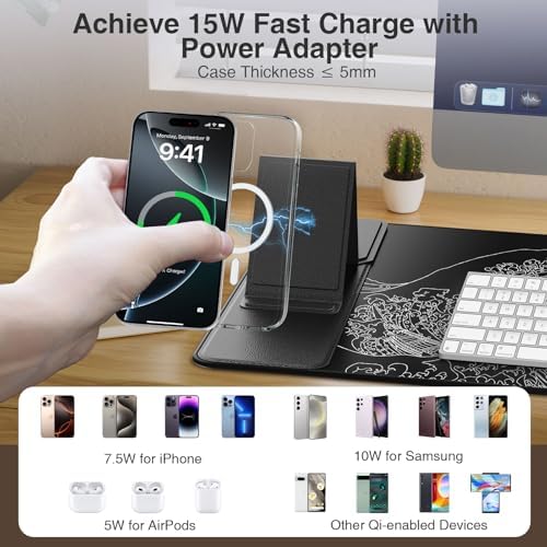 Wireless Charging Mouse Pad with Phone Holder, 31.5"x15.8" in, Black Wave - Image 7