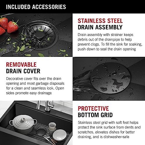 DELTA FAUCET Rivet 33 In Black Stainless Steel Retrofit Farmhouse Apron Front Workstation Kitchen Sink Single Bowl/PVD Gunmetal Finish w/ Accessories for Top Mount Drop-In Installation,95D9031-T33S-GS - Image 6