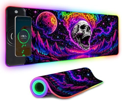 Wireless Charging RGB Gaming Mouse Pad Halloween Neon Skull 31.5 x 11.8 Inch Extended Mouse Mat with Neon Geometric Line Design, LED Desk Pad with 7 Lighting Modes, Non-Slip Base for Gaming & Office by LEIWEIHOPE
