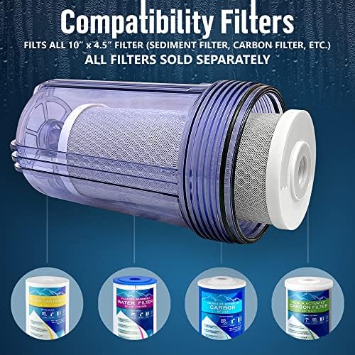 High Capacity 10 x 4.5” Whole House Filter Purifier System for Well or City Water, Presser Relief Button, 1” NPT Brass Port, Double O-Ring, Meets NSF Standards & Regulations (Transparent, 3 Sets) - Image 5