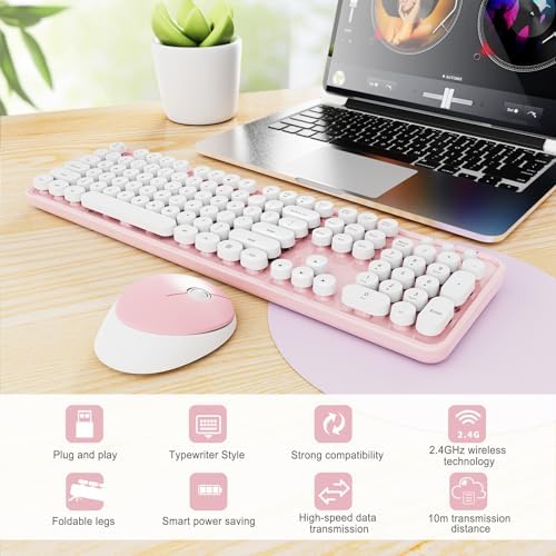 Wireless Keyboard and Mouse Combo, Ergonomic Full Size Typewriter Retro Round Keycaps Keyboard, Compatible with Windows, PC, Perfer for Home and Office Keyboards (Lovely Pink) - Image 3