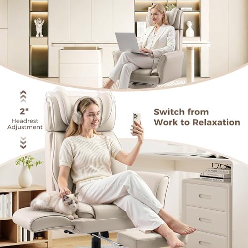 Big and Tall Office Chair, Flip Armrests for Pets & Cross Legged Sitting, Ergonomic Leather Executive Desk Chair with Foot Rest, High-Back Reclining Computer Chairs for Home Office Gaming, Beige - Image 5