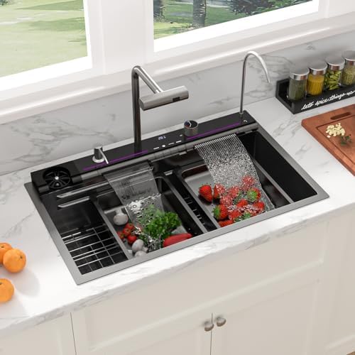 Sarlai Waterfall Kitchen Sink - 30 Inch Black Drop In Workstation Sink With Waterfall 33x19 Inch Black Stainless Steel 16 Gauge Multifunction Single Bowl Top Mount Kitchen Sinks with HoneyComb Finish - Image 4