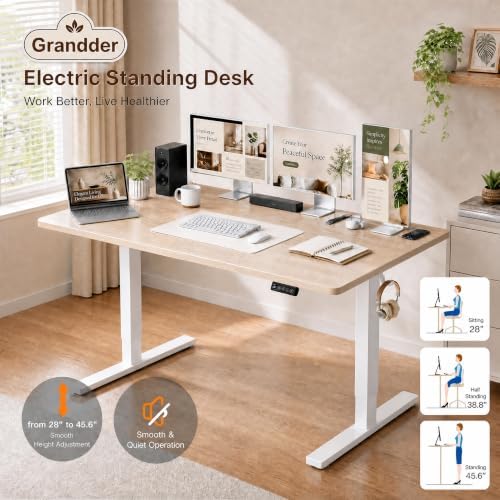 Grandder 55x32 Large Electric Standing Desk, Height Adjustable Computer Desk with 2 Memory Presets, 31.5" Deep Desktop Sit Stand Desk Home Office Desk Workstation Table with Hooks, Light Walnut - Image 6
