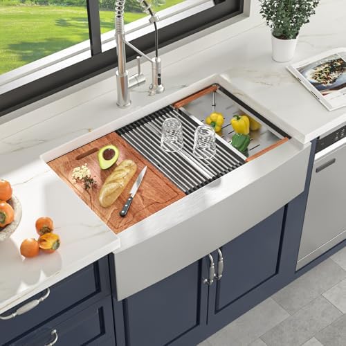 Lordear 33 inch T304 16 Gauge Stainless Steel Farmhouse Kitchen Sink Double Bowl Apron Front Ledge Workstation Low Divide Double Basin 50/50 Farm Style Kitchen Sinks 33x22x9 Inch - Image 3