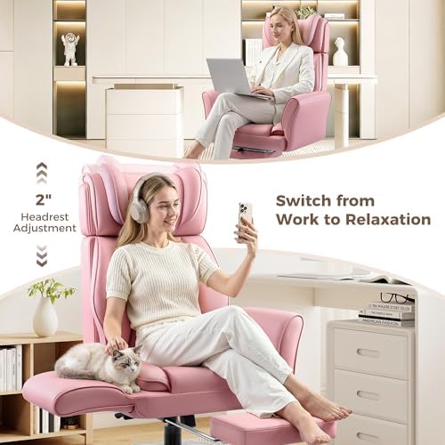 Big and Tall Office Chair, Flip Armrests for Pets & Cross Legged Sitting, Ergonomic Leather Executive Desk Chair with Foot Rest, High-Back Reclining Computer Chair for Home Gaming, Peach Pink - Image 5