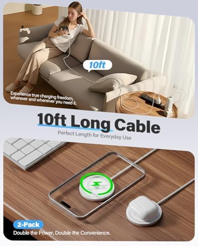 2Pack Magnetic Wireless Charger 25W Fast Charger for iPhone 17/16/15/14/13/12 Series & AirPods, Portable Wireless Charging Pad for Travel Home Office Desk, 10FT-White with Plugs - Image 2