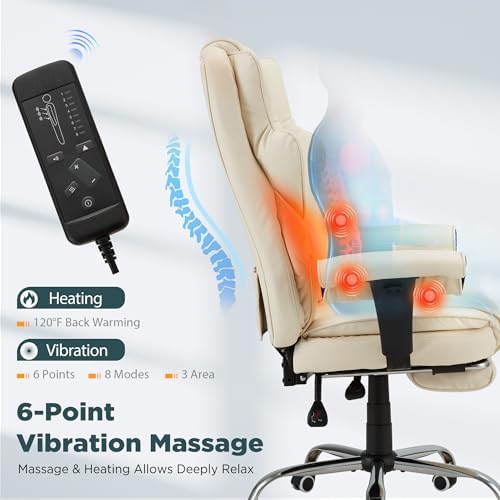 HOMREST Ergonomic Executive Office Chair, 6-Point Massage Manager Chair with Heating Function, Adjustable Backrest Home Office Chair with Adjustable Footrest and Armrests (Beige) - Image 5