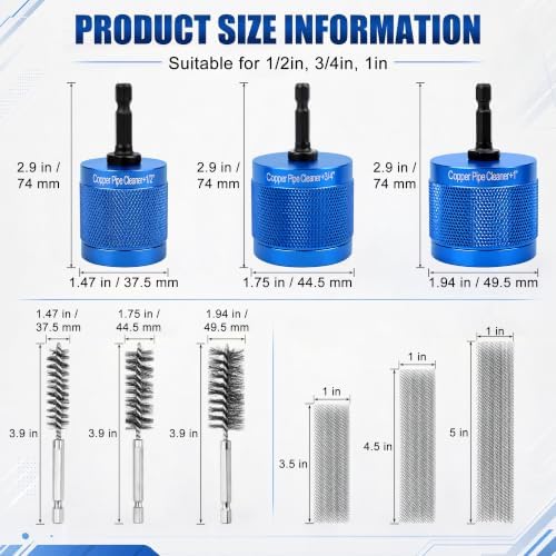 Windspeed 3+6P Copper Pipe Cleaner 1/2 3/4 & 1 in Drill Hex Shank Copper Fitting Cleaner with 3 Wire Bore Brushes 3 Replaceable Built in Brush Bars Cleaning Drill Attachment for Remove Pipes Rust - Image 2