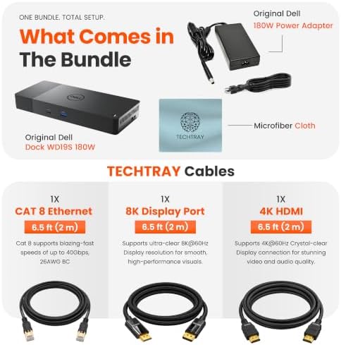 WD19S USB-C Dell Docking Station Dual Monitor Bundle, 180W Dock, 3 Year-Warranty with TT Cables 2m Each, 8k Display-Port, 4k HDMI, Ethernet + 180W Power Adapter, Microfiber Cloth - 4k Display - Image 2