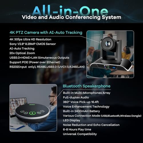 TONGVEO 4K PTZ Conference Room Camera System AI Auto-Tracking 20x Zoom 4K PTZ Camera USB3.0 HDMI LAN outputs and Bluetooth Speakerphone with Microphone for Large Remote Meeting - Image 2