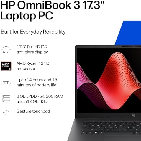 HP OmniBook 3 17.3 inch Laptop PC, FHD Display, AMD Ryzen 3 30, 8 GB RAM, 512 GB SSD, AMD Radeon 610M Graphics, Windows 11 Home, Mica Silver, 17-dp0199nr - Image 2