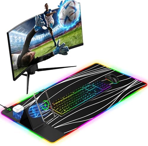 Mouse Pad with Foldable Phone Holder & Wireless Charger, XXL RGB Gaming Mousepad 31.5"x15.8" Large Desk Mat for Keyboard, Black Desk Pad with Dual Qi Charging Station | 11 Colors 5 Modes by miroddi
